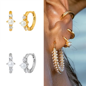 Elegant gold and silver hoop earrings with pearls and zircon crystals for women