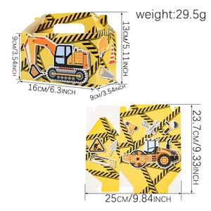 Construction excavator themed yellow gift box with size dimensions and flat template view