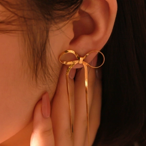 Bowknot Long Tassel Earrings Stainless Steel 18K Gold Plated Elegant Snake Chain Dangle Jewelry For Women