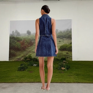 Vintage dark blue sleeveless denim A-line dress with V-neck and back view details