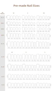 Size chart showing dimensions in mm for press-on nails versions AL17 through AL22