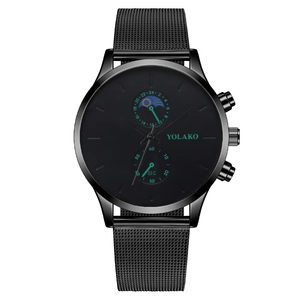 Sleek black men's business quartz watch with mesh strap and moon phase sub-dials