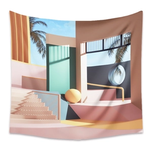 Detail of 3D surreal geometric building tapestry with soft pink and mint green tones
