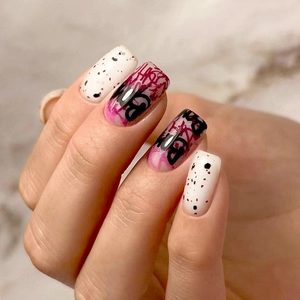 Halloween Press On Nails Artificial Fake Nails Square Round Blood Red Black Graffiti Splatter Cool Street Style For Women
