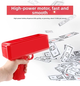 Electric money gun detail showing rapid cash discharge at 15 notes per second