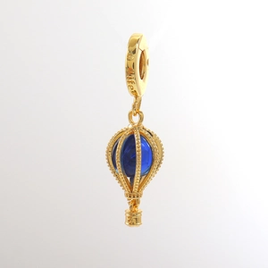 Golden hot air balloon charm pendant with blue crystal gemstone for DIY jewelry making