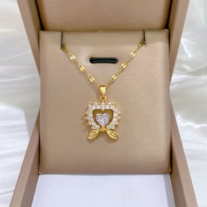Heart Pendant Necklace Stainless Steel Copper Zircon Bow Clavicle Elegant Jewelry Women Golden