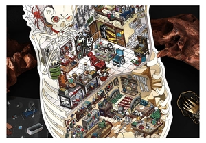 Close-up of gothic horror 3D stickers featuring detailed skull architecture and dark interiors