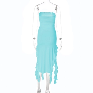 Detail of light blue strapless ruched dress featuring elegant side ruffle hem and slim fit