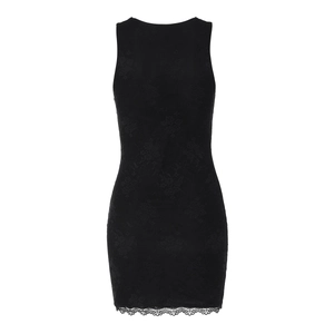 Detailed view of black lace sleeveless dress featuring a scallop hem and slim fit