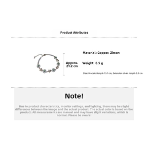 Detailed view of zircon flower bracelet made of copper with 15.7cm plus 5.5cm chain length