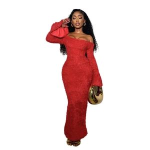 Detailed view of red off-shoulder slim maxi dress with fuzzy faux fur texture