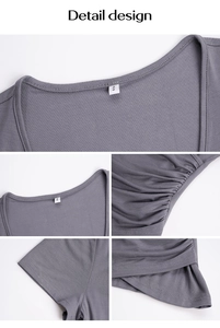 Makro-Detail des dunkelgrauen Y2K Slim V-Neck T-Shirts mit Raffungen und Saumverarbeitung