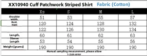 Size chart showing poplin striped shirt measurements including shoulder, bust and length