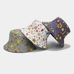 Bucket Hat Cotton Canvas Reversible Sun Protection Outdoor Cartoon Flower Mushroom Print Fresh Cute Women