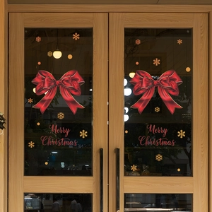 Stickers Fenêtre Joyeux Noël Nœud Rouge Flocons Neige Dorés Décalcomanies Statiques PVC Décoration Fête Festive