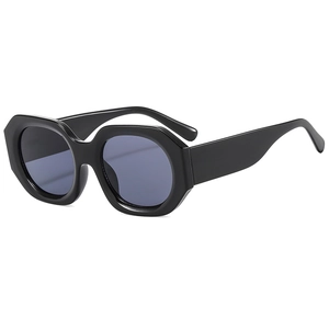 Modern thick black octagonal frame sunglasses with wide temples and dark grey lenses