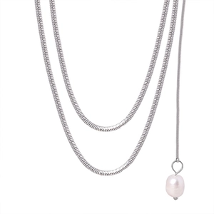 French vintage double layer silver snake chain necklace featuring a round pearl pendant