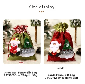 Detail of Santa and Snowman linen drawstring gift bags with 3D felt appliques