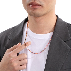 Iridescent stainless steel cylindrical link necklace for men with holographic finish