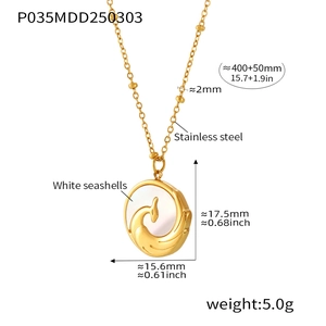 Detail showing dimensions of 18K gold phoenix pendant necklace with white seashell
