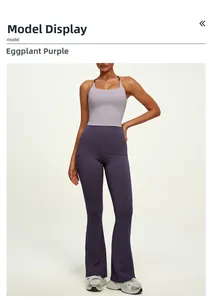 Detail shot of high-waist yoga flared pants and matching tank top in deep purple