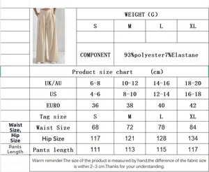 Size chart for pleated wide-leg trousers showing UK, US, and EU measurements in centimeters