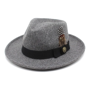 Classic dark grey wool fedora hat with black satin band and feather decorative pin