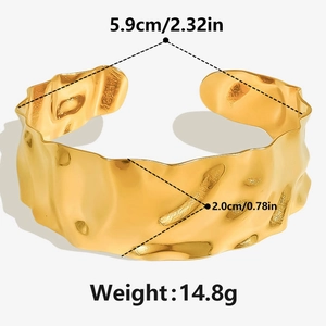 Detailed size specifications for adjustable 304 stainless steel gold cuff with lava texture