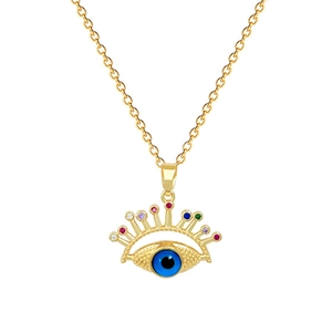 Luxury gold titanium necklace with colorful crystal eyelash evil eye pendant on white back
