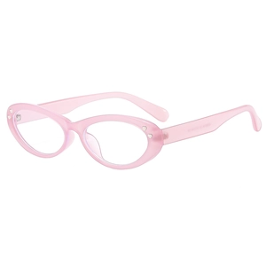 Pink cat-eye blue light blocking glasses with heart-shaped metal accents and matte frame