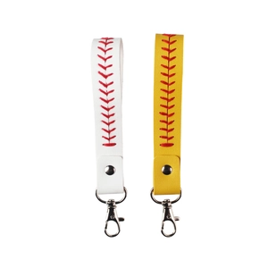 Braided leather baseball and softball keychains in white and yellow with red stitching