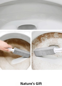 Macro detail of pumice stone toilet brush removing hard water stains and limescale easily
