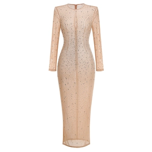 Detailed view of silver rhinestones and crystal beads on nude mesh long sleeves dress