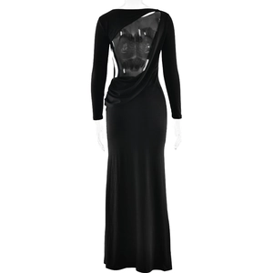 Detail of the back of a black long-sleeved dress with sheer mesh and draped cutout design