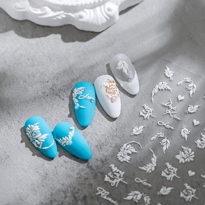 Embossed Nail Art Stickers White Flower Heart Love Letter Relief Self Adhesive Decals Elegant Manicure Decoration