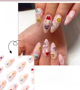 Detailed view of pink checkerboard almond nails with colorful smiley and mushroom patterns
