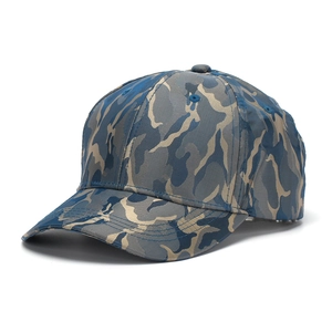 Detail view of camouflage baseball cap with six-panel design and reinforced curved brim