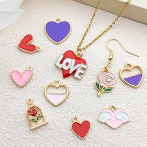 Assorted heart and rose enamel charms set in gold metal for DIY jewelry making