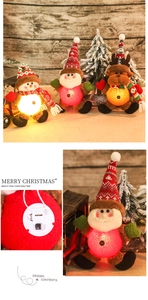 Detail of LED Christmas plush ornaments showing battery compartment and light-up features
