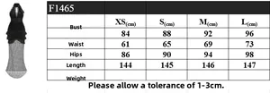 Size chart for deep V halter lace evening gown showing bust, waist, and hip measurements