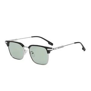 Occhiali da sole classici rettangolari semi-montatura in acetato nero e metallo argento