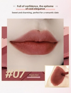 Lipstick detail showing #07 Maple Red Brown matte texture and lip swatch display
