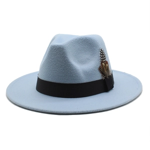 Detail view of the light blue wool felt fedora featuring a black ribbon and colorful feather