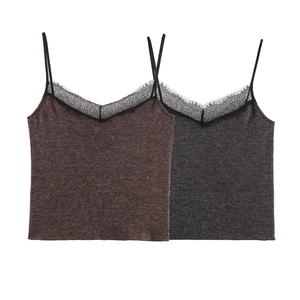 Camisole Sexy Pour Femmes Avec Bordure En Dentelle Tricot Côtelé Col En V Bretelles Spaghetti Ajustables Top