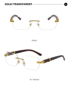 Detail of rimless sunglasses featuring wood grain temples and clear lenses from two angles