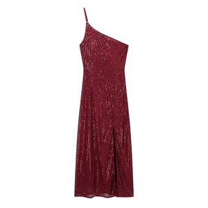 Elegant one-shoulder wine red sequin maxi dress with side slit and thin strap detail