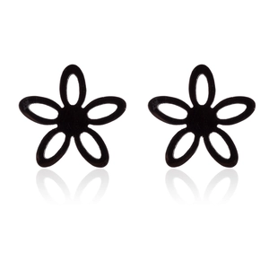 Minimalist black floral stainless steel stud earrings with elegant mirror reflection