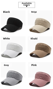 Detailed grid view of knitted open-top sun visors in six diverse pastel and neutral colors