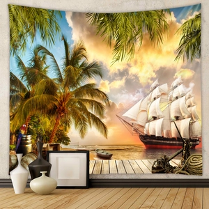 Detail eines tropischen Wandteppichs mit Segelschiff und Palmen an einer Texturwand
